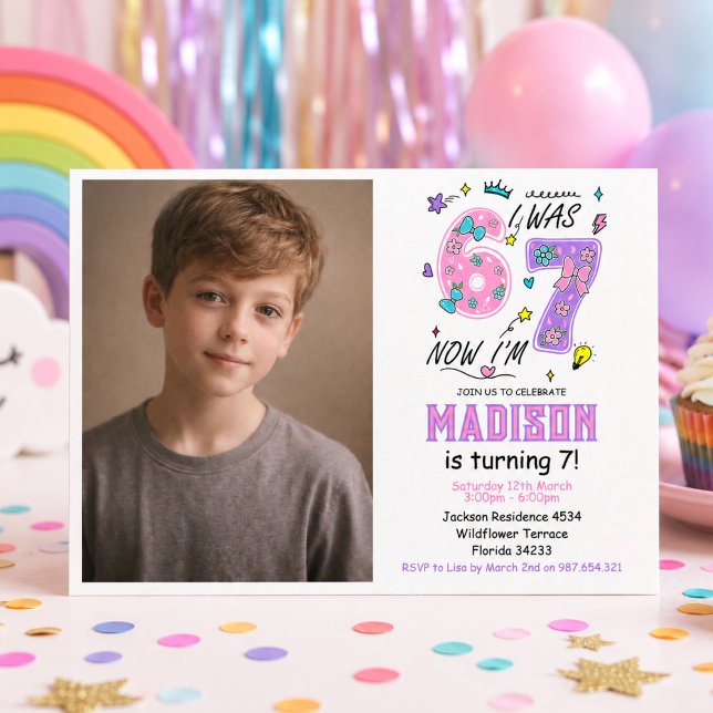 Invitation Anniversaire arc-en-ciel 7 ans | “J'avais 6 ans, m (rainbow 7th Birthday | “I Was 6, Now 7” Party Invitation
)
