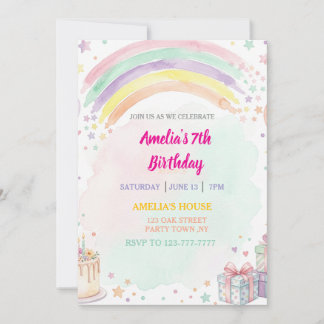 Invitation Anniversaire Arc-en-Ciel Aquarelle Pastel