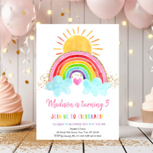 Invitation Anniversaire Arc-en-Ciel Rose Or Sunshine