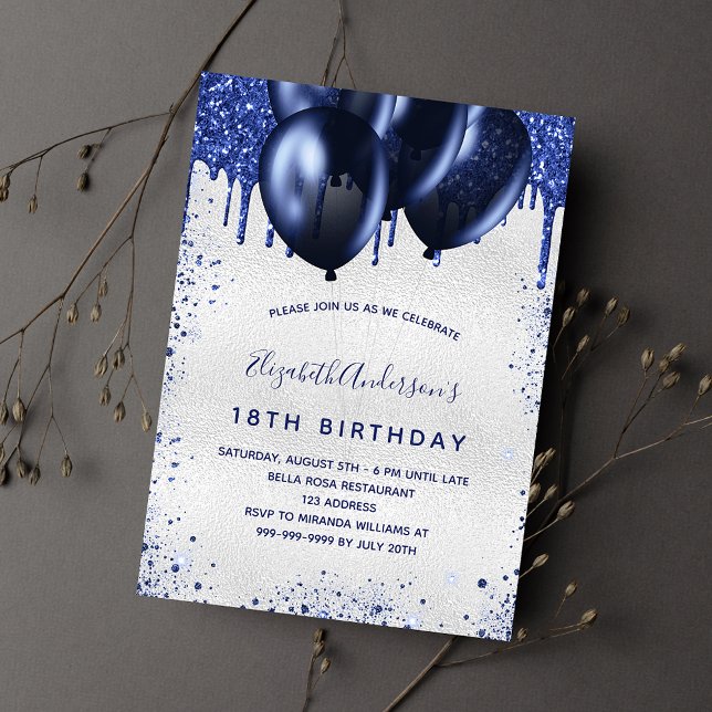 Invitation Anniversaire argent marine bleu parties scintillan (Créateur téléchargé)
