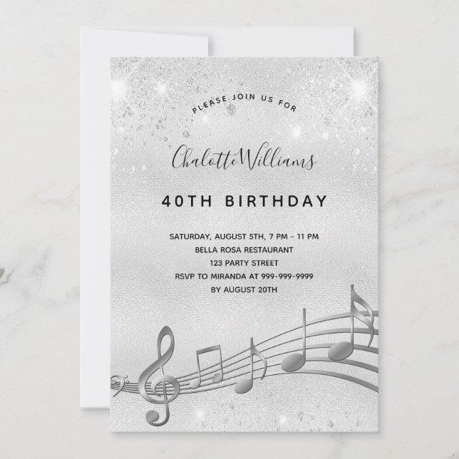 Invitation Anniversaire argent musique notes métal parties sc (Devant)