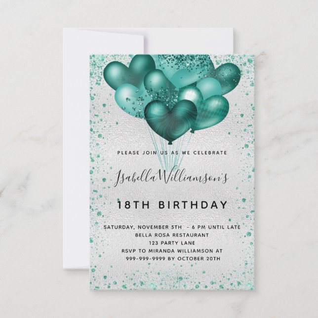 Invitation Anniversaire argent turquoise parties scintillant  (Devant)
