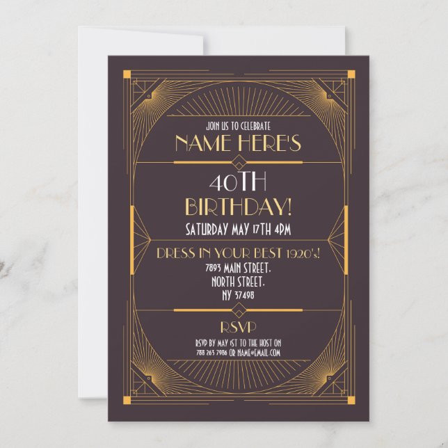 Invitation Anniversaire Art déco des années 1920 Gatsby Party (Devant)