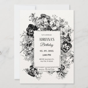Invitation anniversaire artistique floral noir et blanc