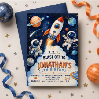 Invitation Anniversaire Astronaute Fusée Aquarelle Espace