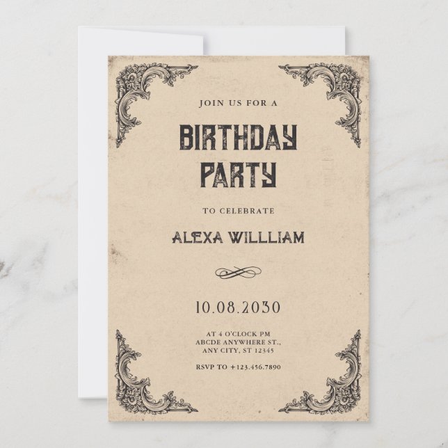 Invitation anniversaire baroque vintage (Devant)