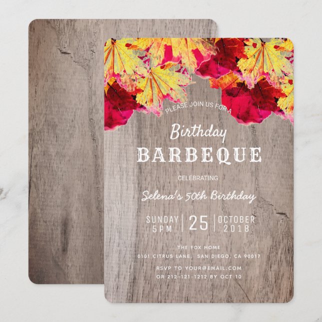 Invitation Anniversaire BBQ Party Automne laisse bois Invitat (Devant / Derrière)