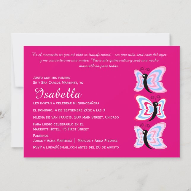 Invitation Anniversaire Bilingue du papillon Quinceañera à de (Dos)