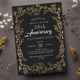 Invitation Anniversaire Black Elegant Vintage Gold Leaf