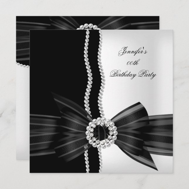 Invitation Anniversaire Black White Pearl Diamond Image (Devant / Derrière)