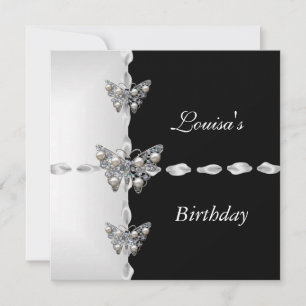 Invitation Anniversaire Black White Silver Pearl Party