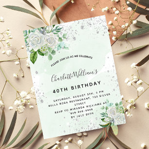 Invitation Anniversaire blanc fleuri argent vert