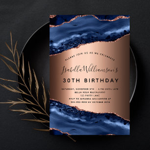 Invitation Anniversaire bleu agate marbre rose or