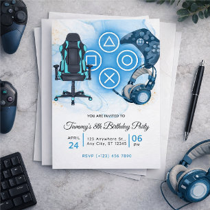 Invitation Anniversaire bleu de jeu vidéo