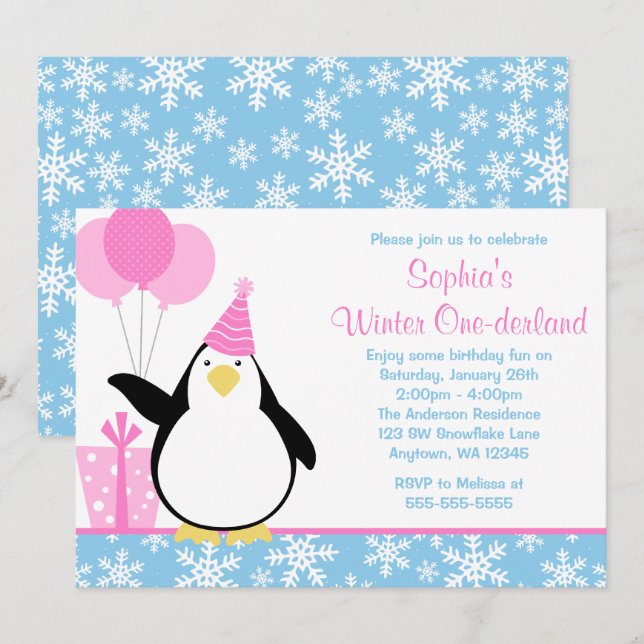 Invitation Anniversaire bleu d'Onederland d'hiver de flocons (Devant / Derrière)