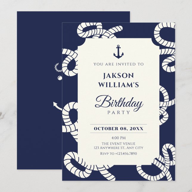 Invitation Anniversaire bleu marine (Devant / Derrière)