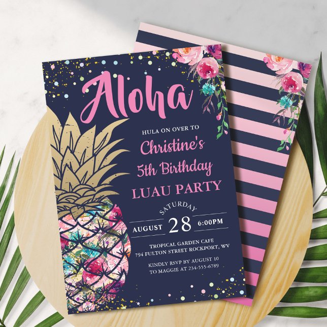 Invitation Anniversaire bleu marine de l'ananas rose tropical (Créateur téléchargé)