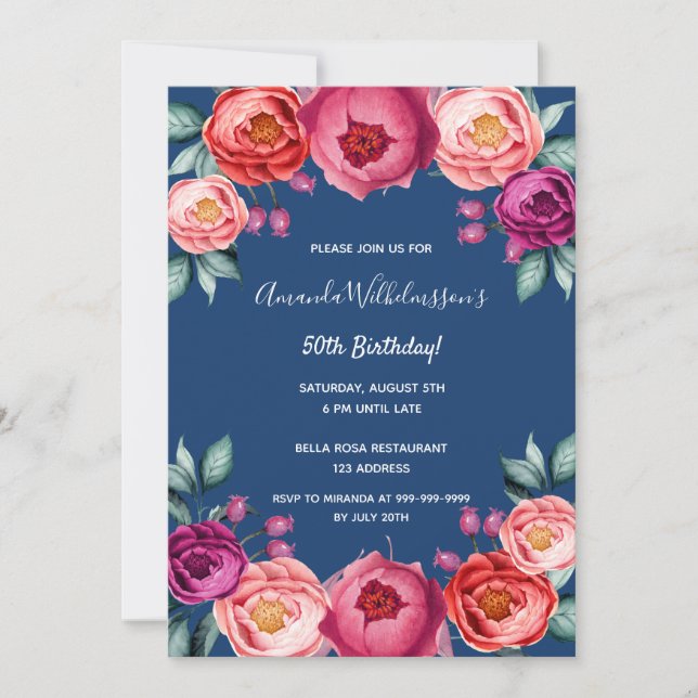 Invitation Anniversaire bleu marine rose or rousse rose flora (Devant)