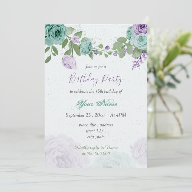Invitation anniversaire bleu violet fleurs vert feuilles (Debout devant)