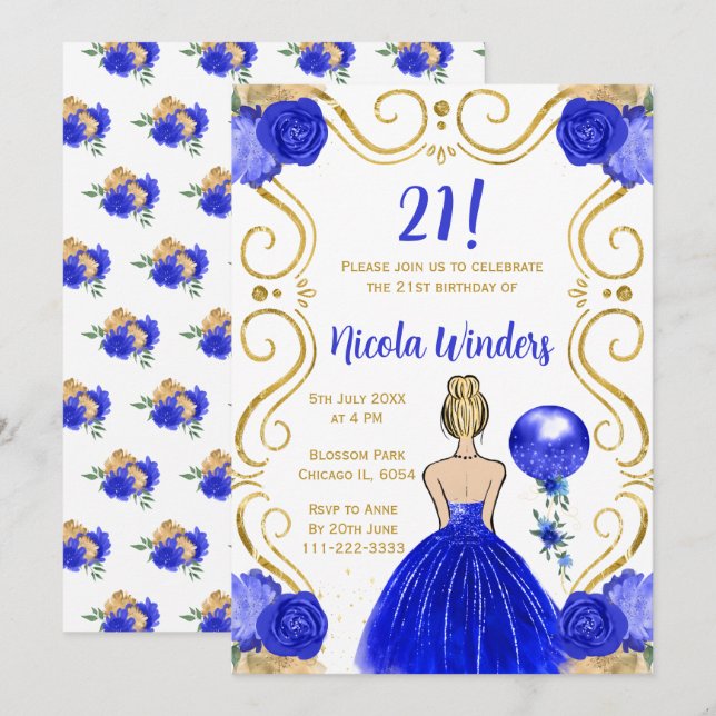 Invitation Anniversaire Blonde Princesse en Bleu Royal (Devant / Derrière)