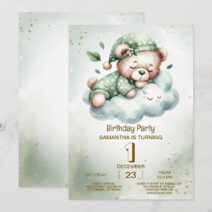Invitation Anniversaire Boho Vert Sleeping Teddy Bear Jolie f