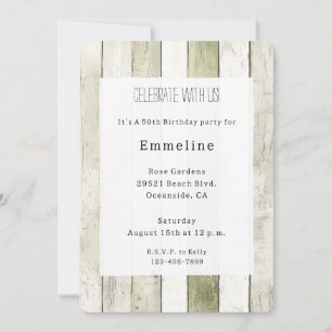 Invitation Anniversaire Bois Faux Vert Rustique Blanc