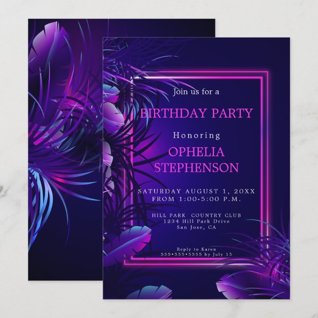Invitation Anniversaire | Bold Naissance du néon tropical (Devant / Derrière)