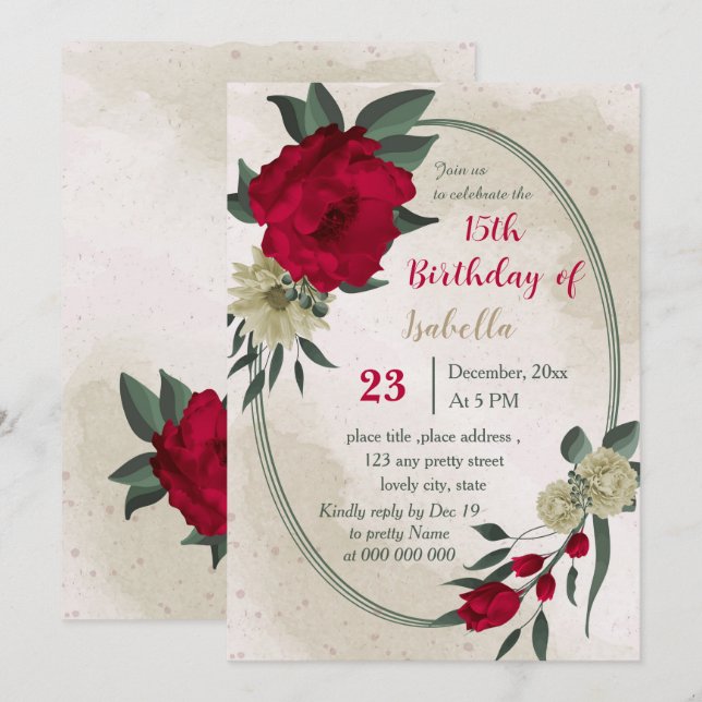Invitation anniversaire botanique des fleurs jaune pâle rouge (Devant / Derrière)