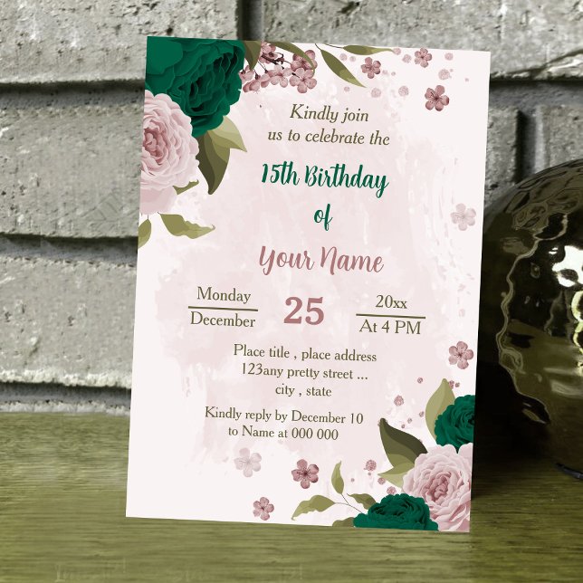 Invitation anniversaire botanique des fleurs rose vert émerau (Créateur téléchargé)