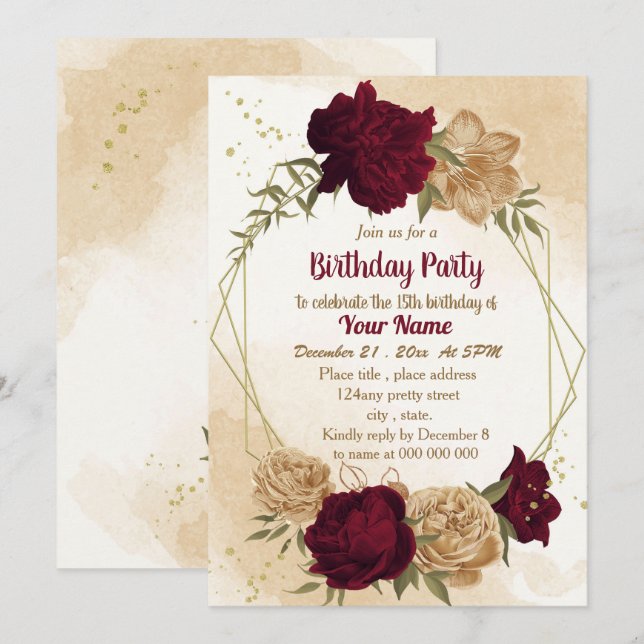 Invitation Anniversaire botanique en or beige vert marron (Devant / Derrière)