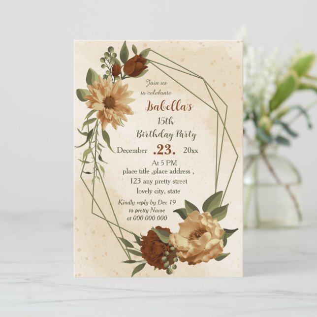 Invitation anniversaire botanique fleuri en terre cuite rusti (Debout devant)