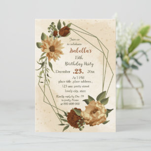 Invitation anniversaire botanique fleuri en terre cuite rusti
