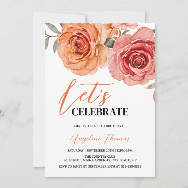 Invitation Anniversaire botanique Rose rouge orange (Devant)