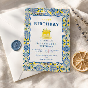 Invitation Anniversaire Carreau Méditerranéen Bleu