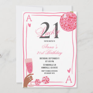 Invitation Anniversaire Casino Rose Lucky 21 dessiné à la mai