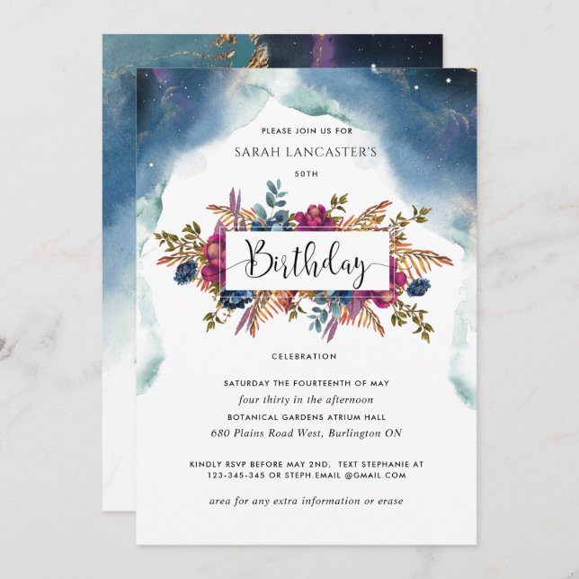 Invitation Anniversaire Céleste, Joyau Tone Floral (Devant / Derrière)