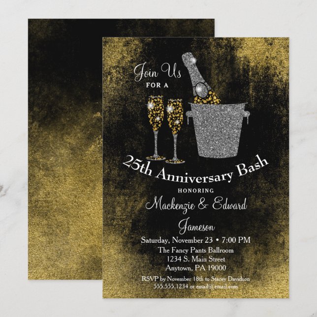 Invitation anniversaire Champagne Noir Or Argent (Devant / Derrière)