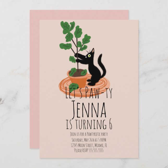 Invitation Anniversaire Chat Mignon Rose Noir (Devant / Derrière)