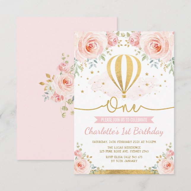 Invitation Anniversaire chaud de fille florale d'or de rose (Devant / Derrière)