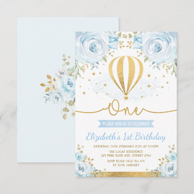 Invitation Anniversaire chaud floral bleu en pastel de ballon (Devant / Derrière)