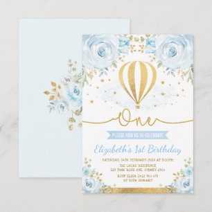 Invitation Anniversaire chaud floral bleu en pastel de ballon