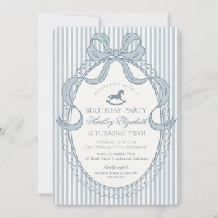 Invitation Anniversaire Cheval à Bascule Ruban Coquette Bleu