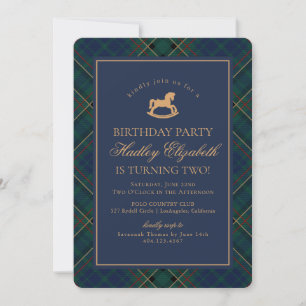 Invitation Anniversaire Cheval à Bascule Tartan Bleu Classiqu