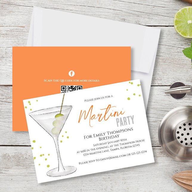 Invitation Anniversaire Chic Adulte Adulte Martini Cocktail (Birthday party invitation with a watercolor martini and a scannable QR Code. )