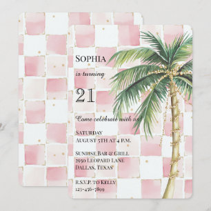 Invitation Anniversaire Chic Pink Carré Gold Palm Tree