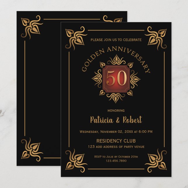 Invitation Anniversaire classique du 50e Mariage Noir et Or (Devant / Derrière)