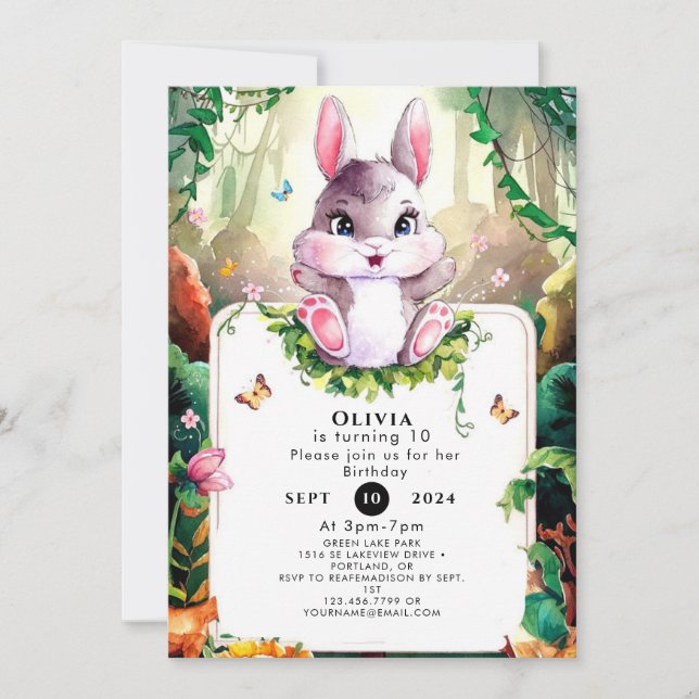Invitation Anniversaire coloré du lapin de bois (Devant)