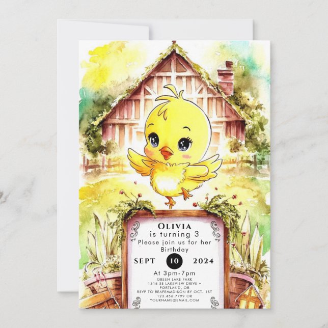 Invitation Anniversaire coloré du poulet de la ferme (Devant)