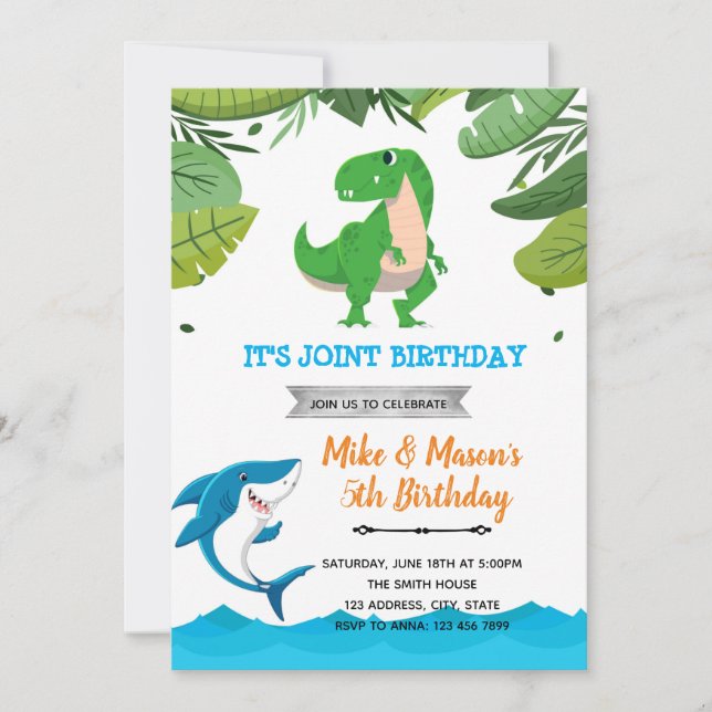 Invitation Anniversaire commun de requins et dinosaures  (Devant)