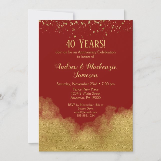Invitation anniversaire Confetti Or Rouge Ruby 40  (Devant)